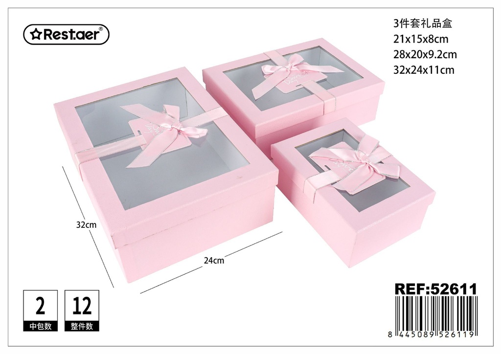 Set de 3 cajas rectangulares con ventana 32x24x11 cm - Embalajes de regalos