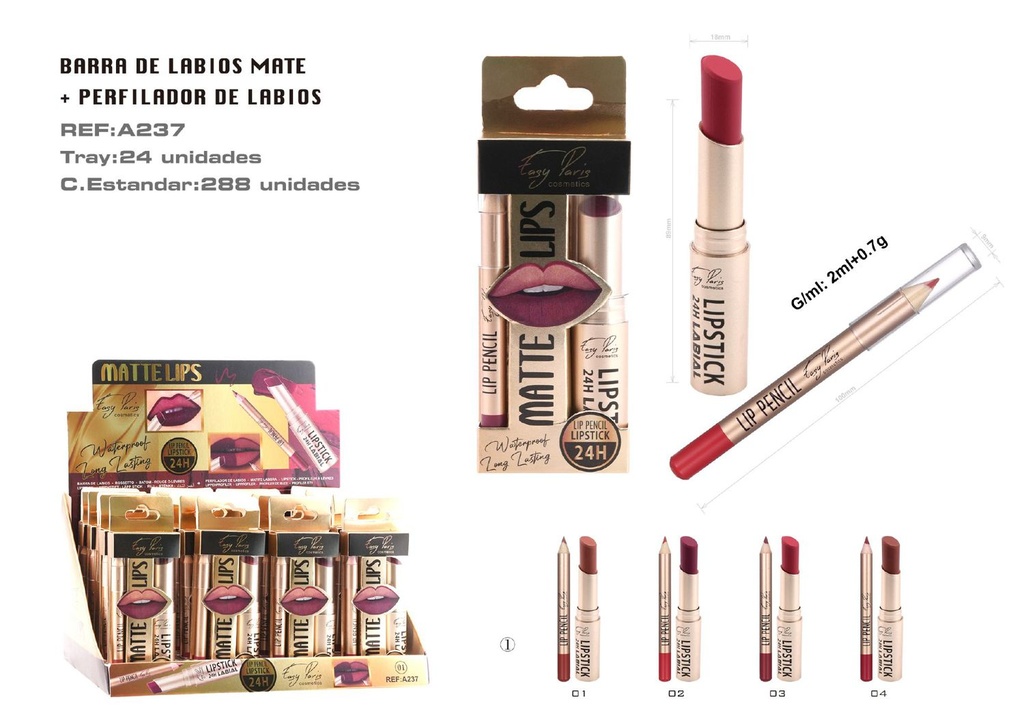 Kit de labiales fijos + perfilador (24 unidades) - Cosméticos