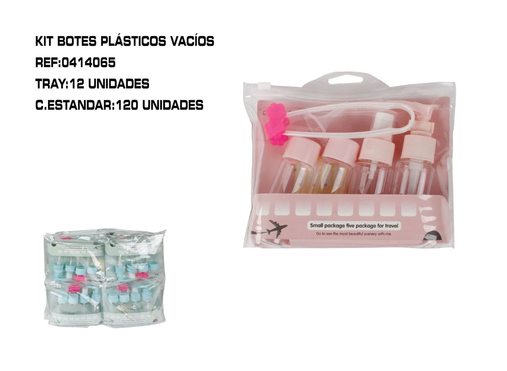 Set de 4 botes para viaje + masajito + embudo + etiquetas 12/set - Envases para viaje