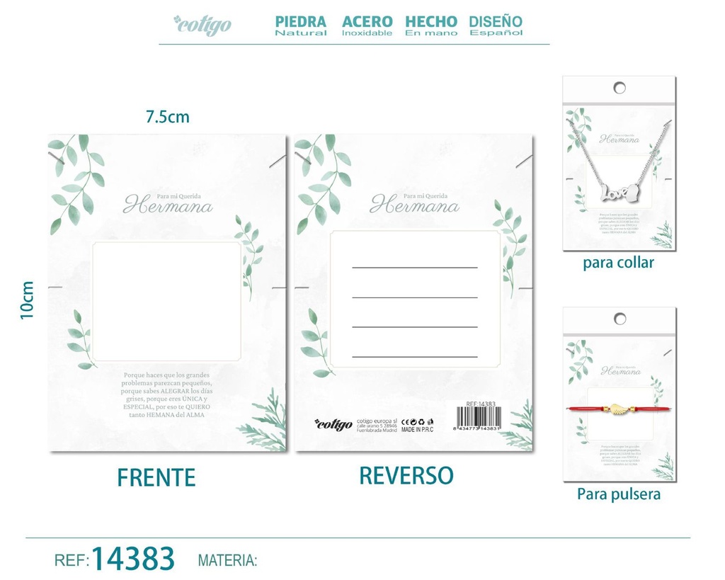 Tarjeta de felicitación para Hermana - Tarjeta para joyas de regalo