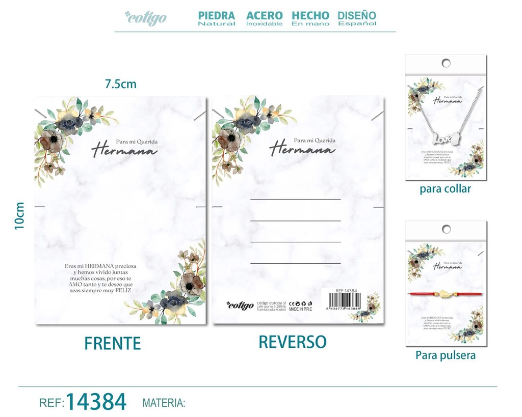 Tarjeta de felicitación para Hermana - Tarjeta para joyas de regalo