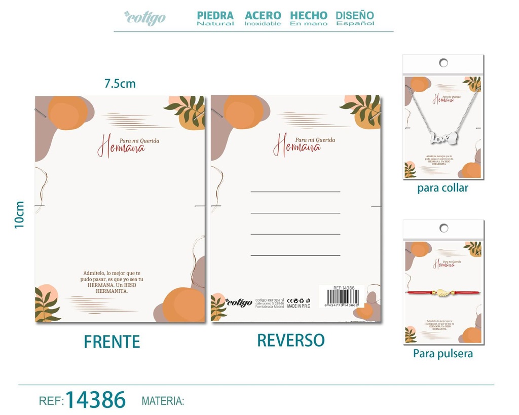 Tarjeta de felicitación para Hermana - Tarjeta para joyas de regalo