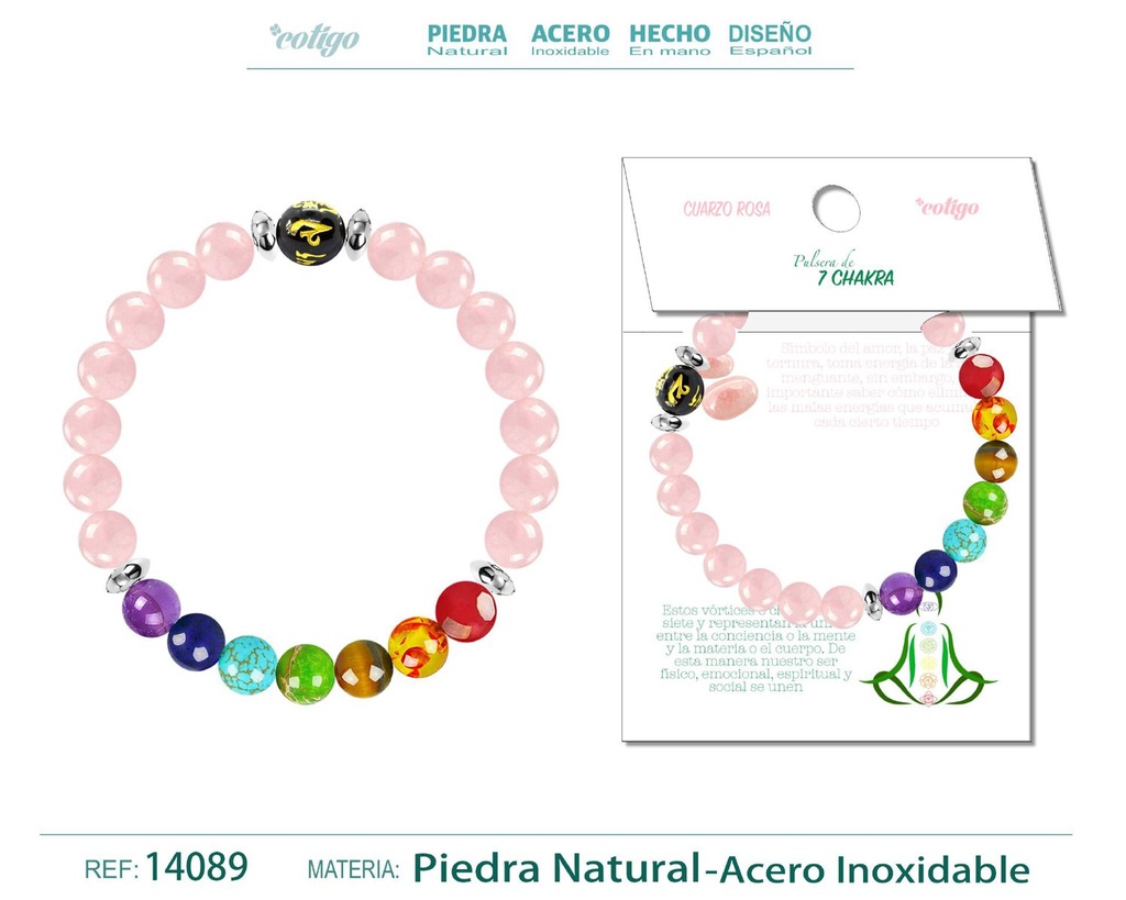 Pulsera de 7 Chakras de piedra natural Cuarzo rosa - Accesorios de bisutería