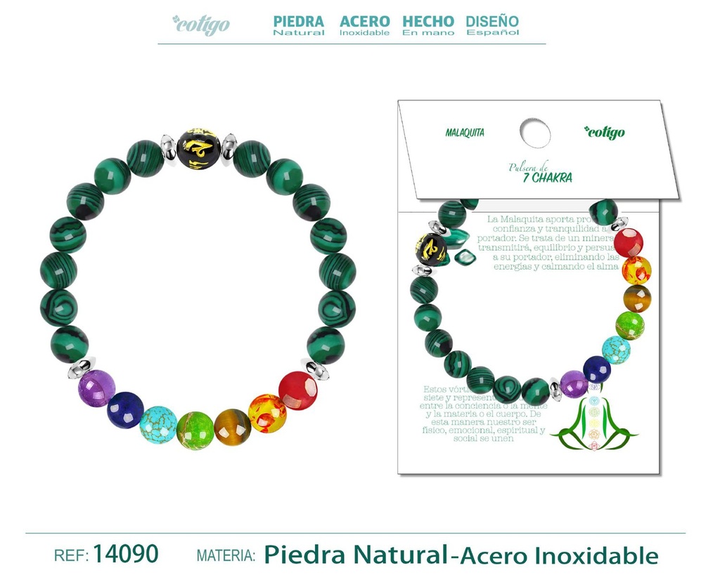 Pulsera de 7 Chakras de piedra natural Malaquita - Accesorios de bisutería