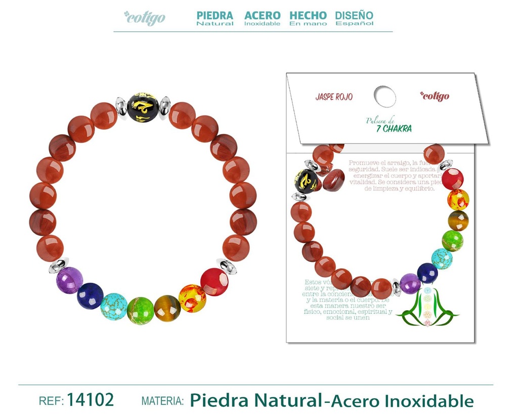 Pulsera de 7 Chakras de piedra natural jaspe roja - Accesorios de bisutería