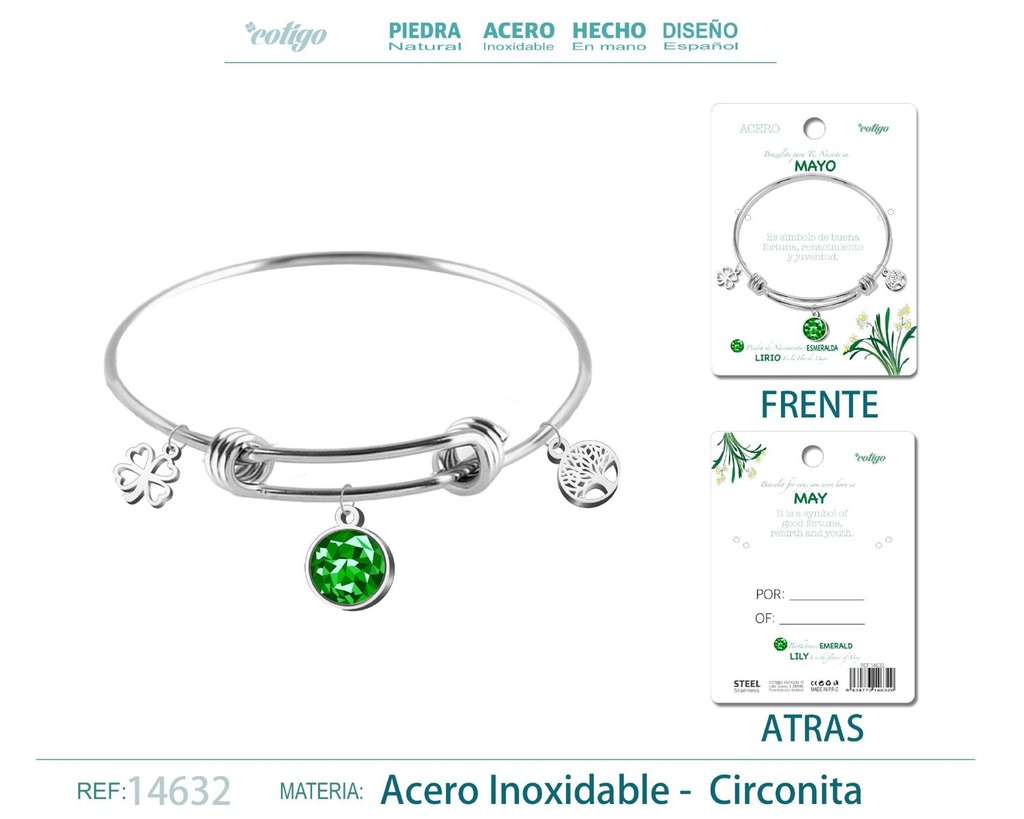 Brazalete de acero para nacimiento de mes mayo - Bisutería para regalo de mes de nacimiento