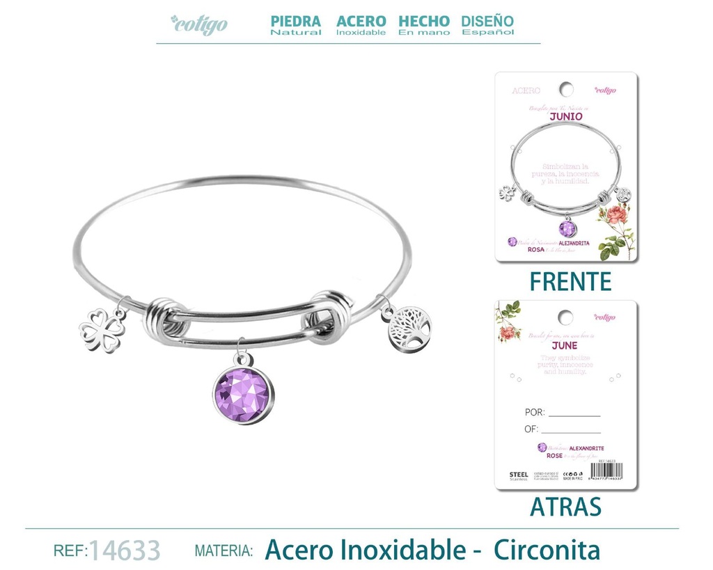 Brazalete de acero para nacimiento de mes junio - Bisutería para regalo de mes de nacimiento