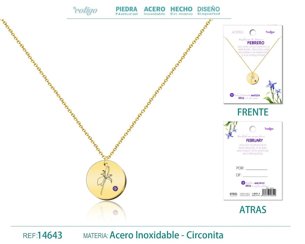 Collar de Acero para Nacimiento de Febrero Dorado - Joyería personalizada para regalos