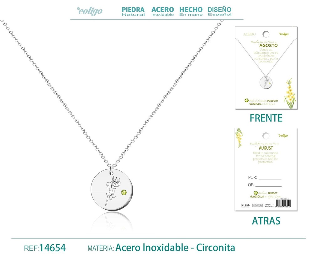 Collar de Acero para Nacimiento de Agosto Plateado - Joyería personalizada para regalos