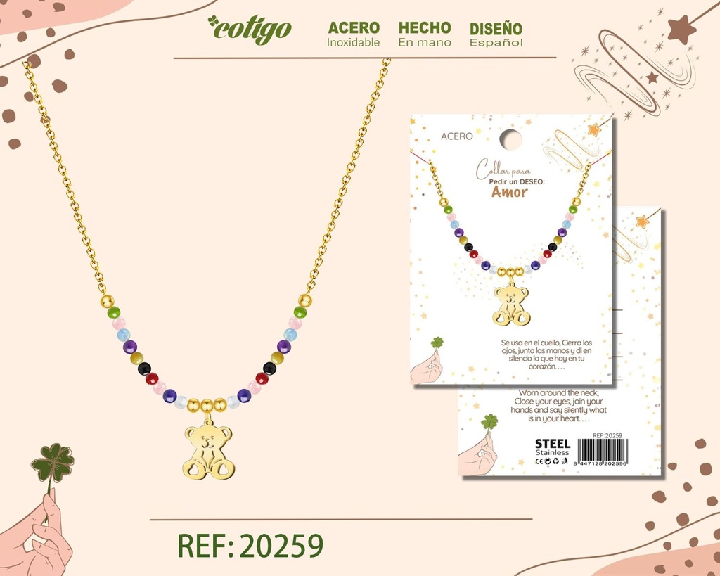 Collar de acero con paloma para deseo: amor - Bisutería para regalos y deseos