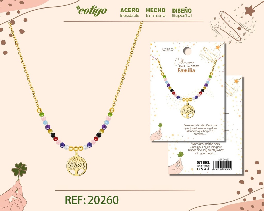 Collar de acero con árbol de la vida para deseo: familia - Bisutería para regalos y deseos