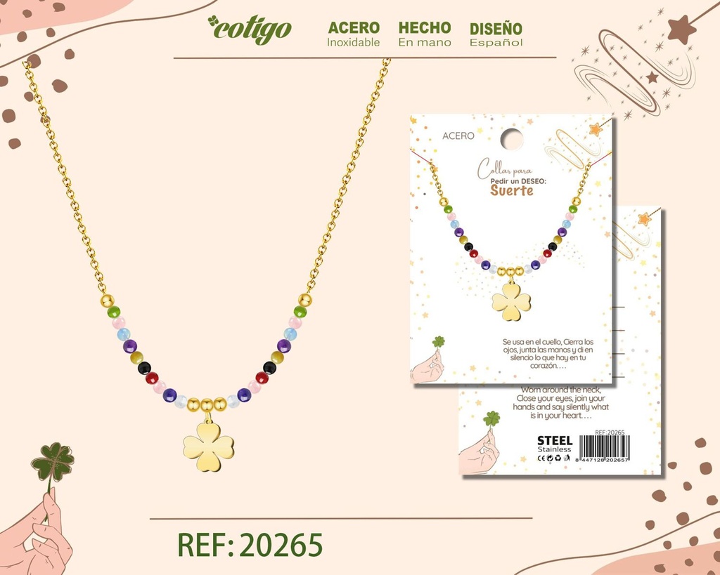 Collar de acero con trébol para deseo: suerte - Bisutería para regalos y deseos