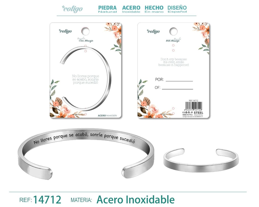 Brazalete de acero con mensaje en español - Bisutería para regalos y frases