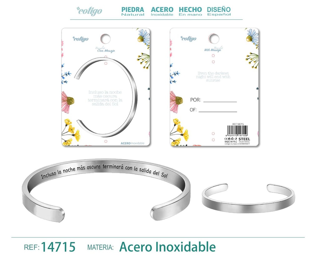 Brazalete de acero con mensaje en español - Bisutería para regalos y frases