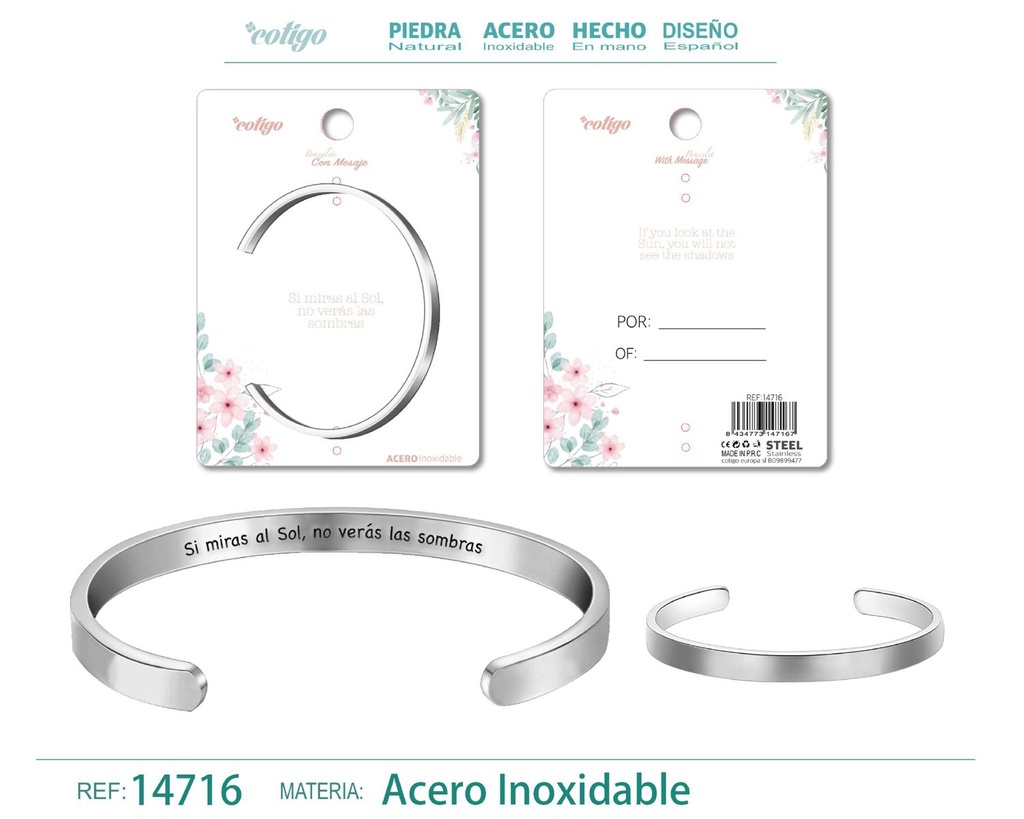 Brazalete de acero con mensaje en español - Bisutería para regalos y frases