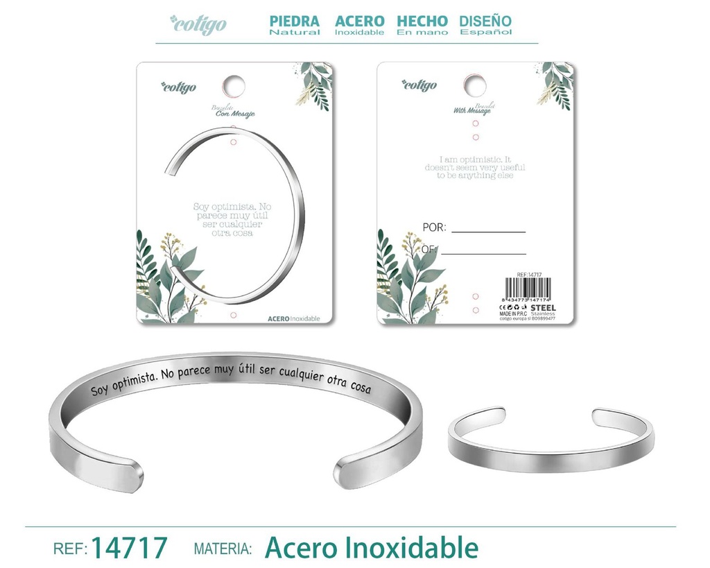 Brazalete de acero con mensaje en español - Bisutería para regalos y frases