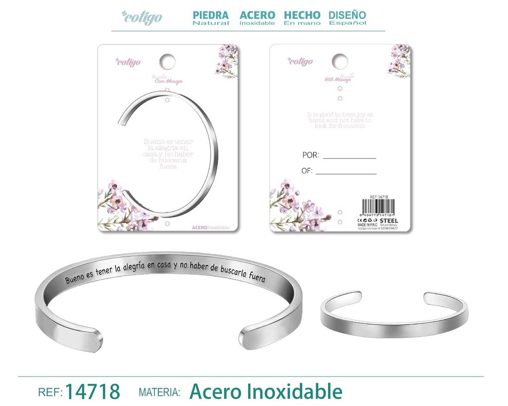 Brazalete de acero con mensaje en español - Bisutería para regalos y frases