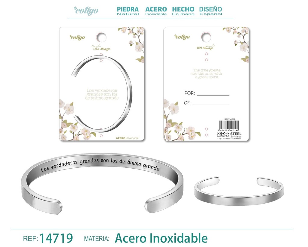 Brazalete de acero con mensaje en español - Bisutería para regalos y frases