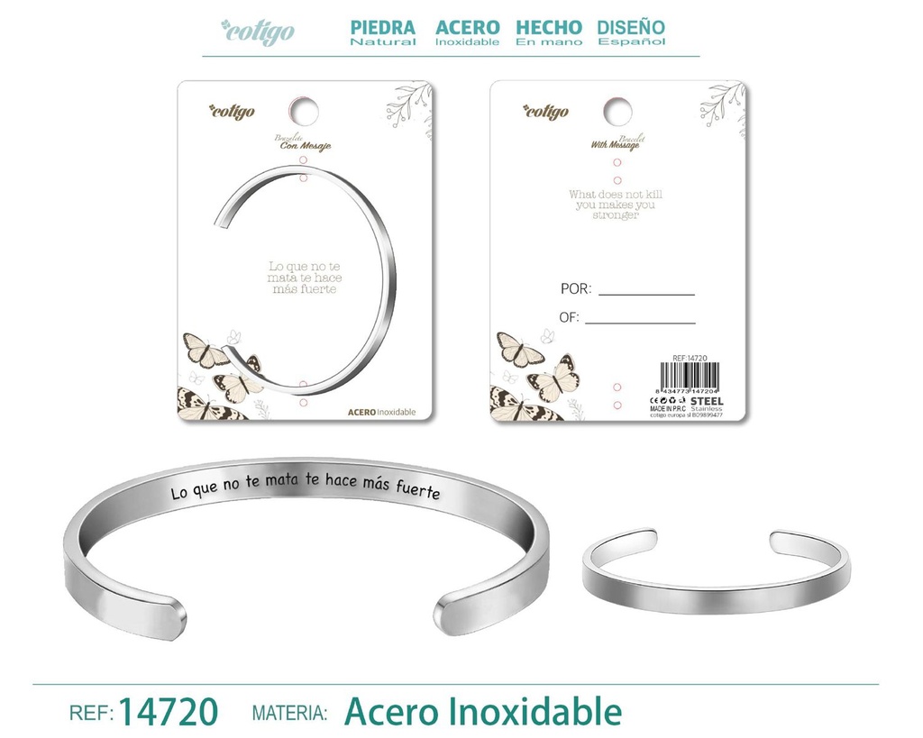 Brazalete de acero con mensaje en español - Bisutería para regalos y frases