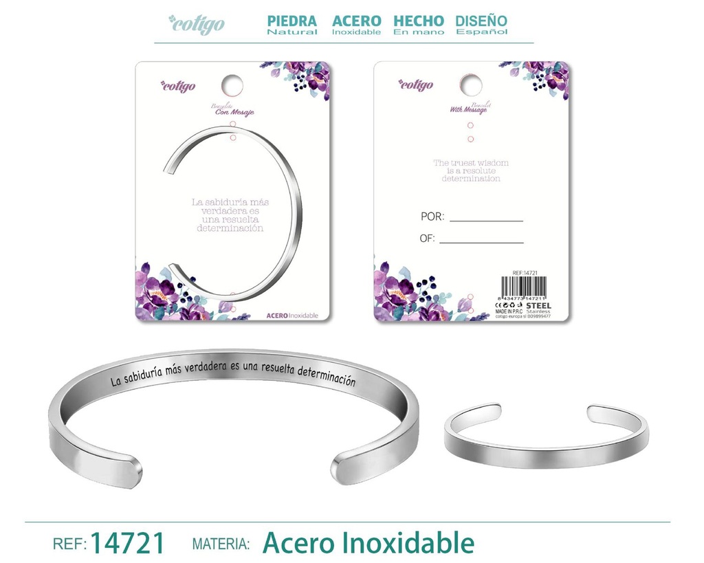 Brazalete de acero con mensaje en español - Bisutería para regalos y frases