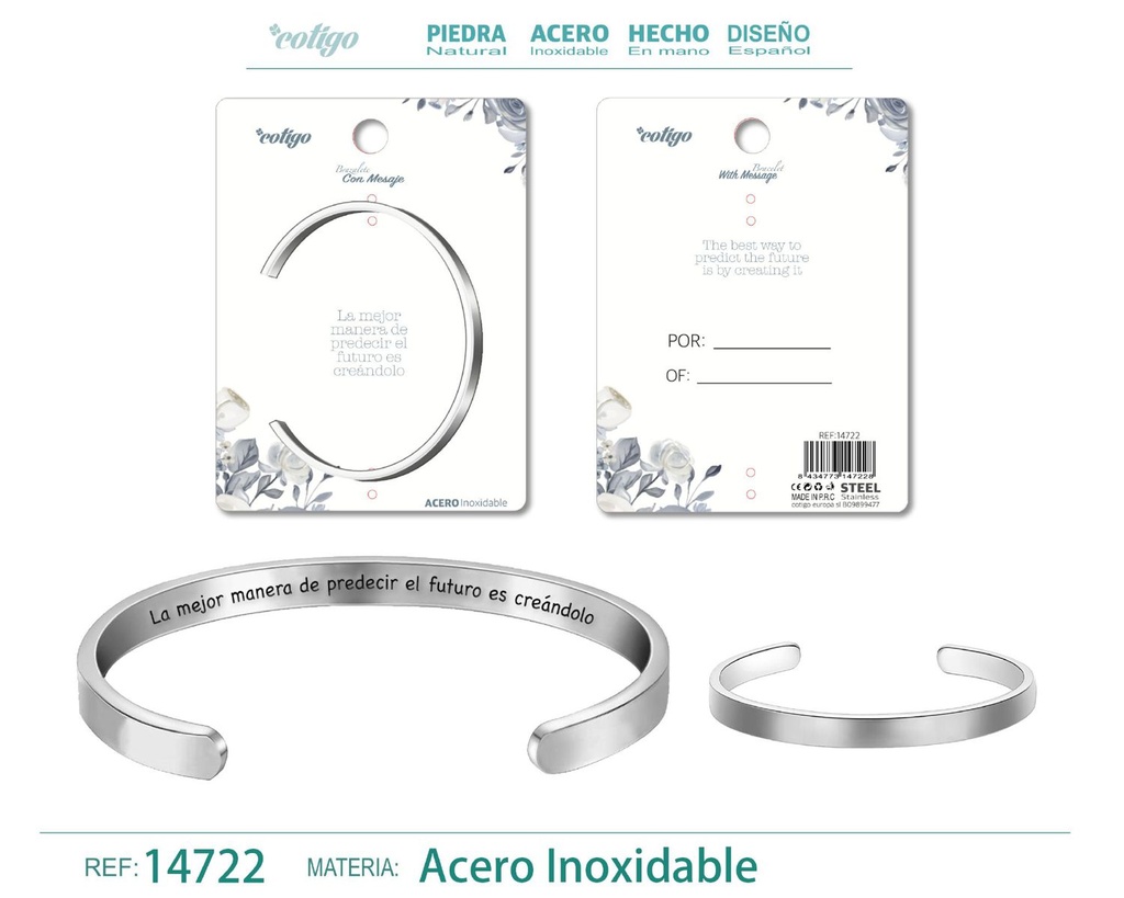 Brazalete de acero con mensaje en español - Bisutería para regalos y frases