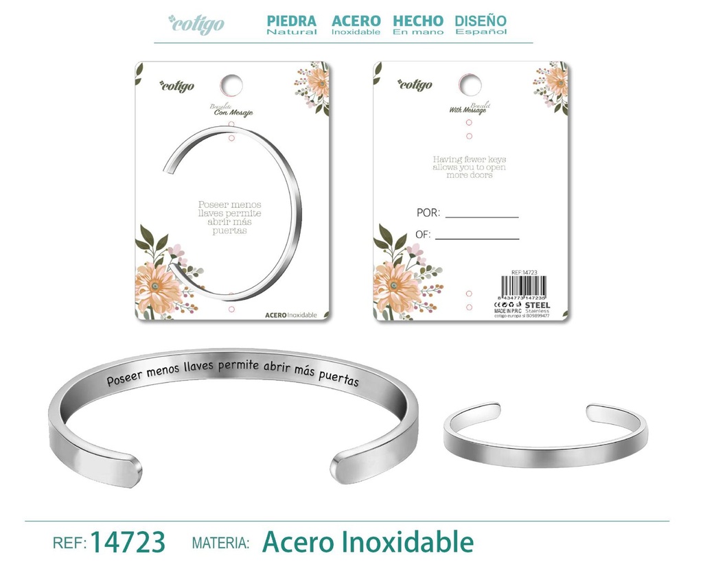 Brazalete de acero con mensaje en español - Bisutería para regalos y frases