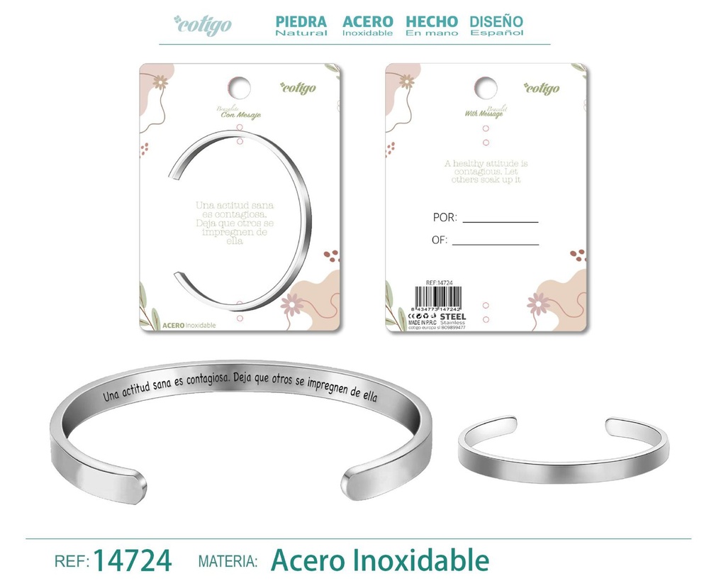 Brazalete de acero con mensaje en español - Bisutería para regalos y frases