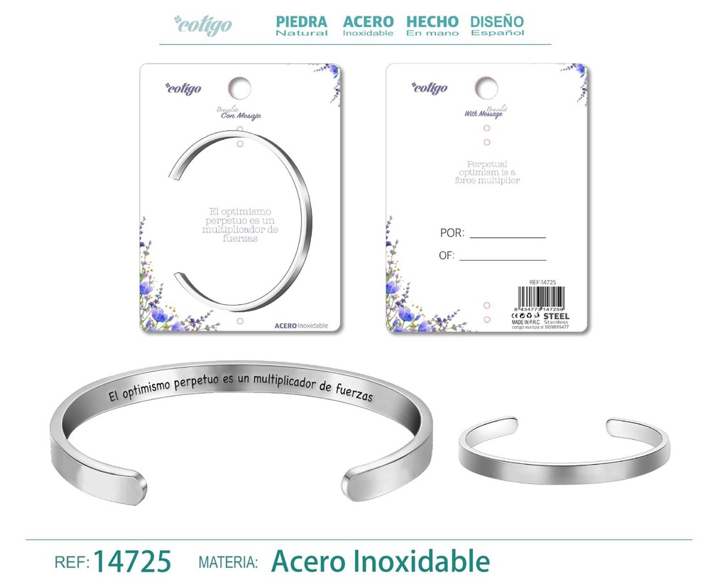 Brazalete de acero con mensaje en español - Bisutería para regalos y frases