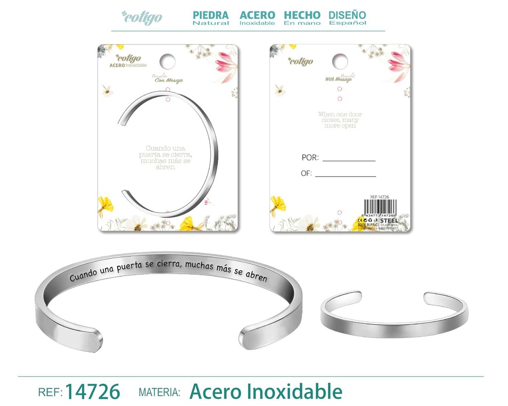 Brazalete de acero con mensaje en español - Bisutería para regalos y frases