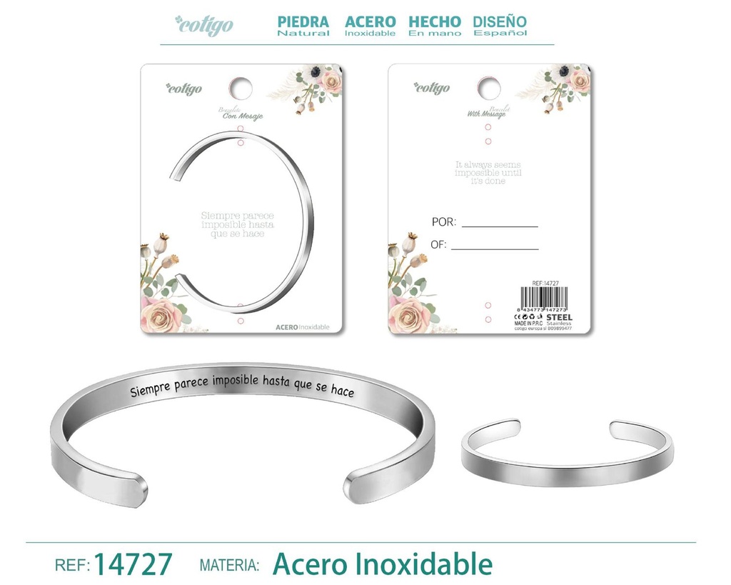 Brazalete de acero con mensaje en español - Bisutería para regalos y frases