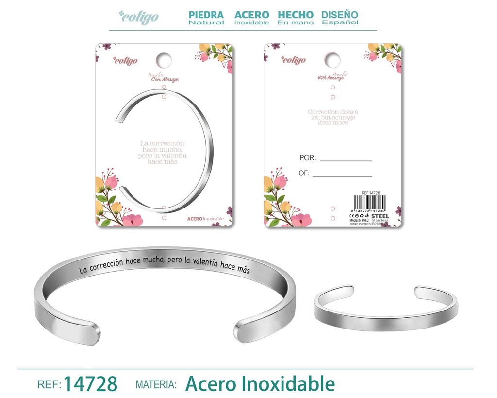 Brazalete de acero con mensaje en español - Bisutería para regalos y frases