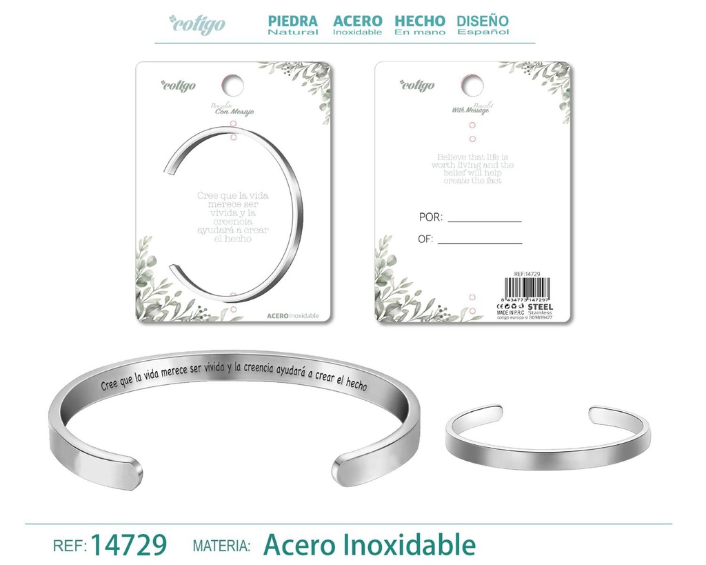 Brazalete de acero con mensaje en español - Bisutería para regalos y frases