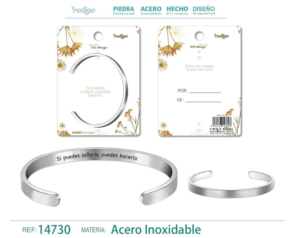 Brazalete de acero con mensaje en español - Bisutería para regalos y frases