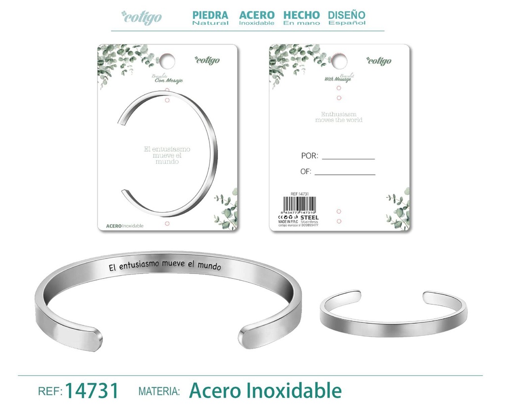 Brazalete de acero con mensaje en español - Bisutería para regalos y frases