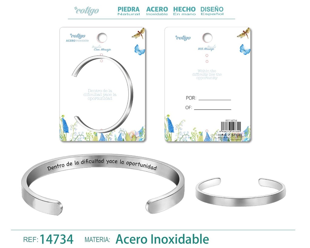 Brazalete de acero con mensaje en español - Bisutería para regalos y frases