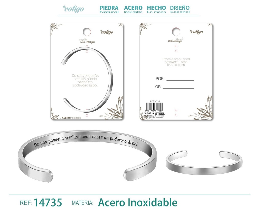 Brazalete de acero con mensaje en español - Bisutería para regalos y frases