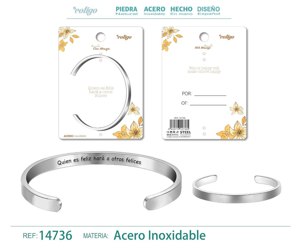 Brazalete de acero con mensaje en español - Bisutería para regalos y frases