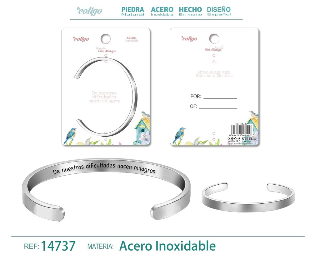 Brazalete de acero con mensaje en español - Bisutería para regalos y frases