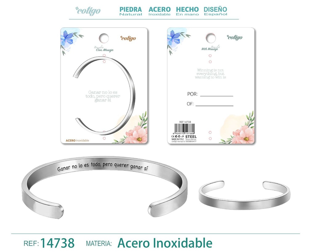 Brazalete de acero con mensaje en español - Bisutería para regalos y frases