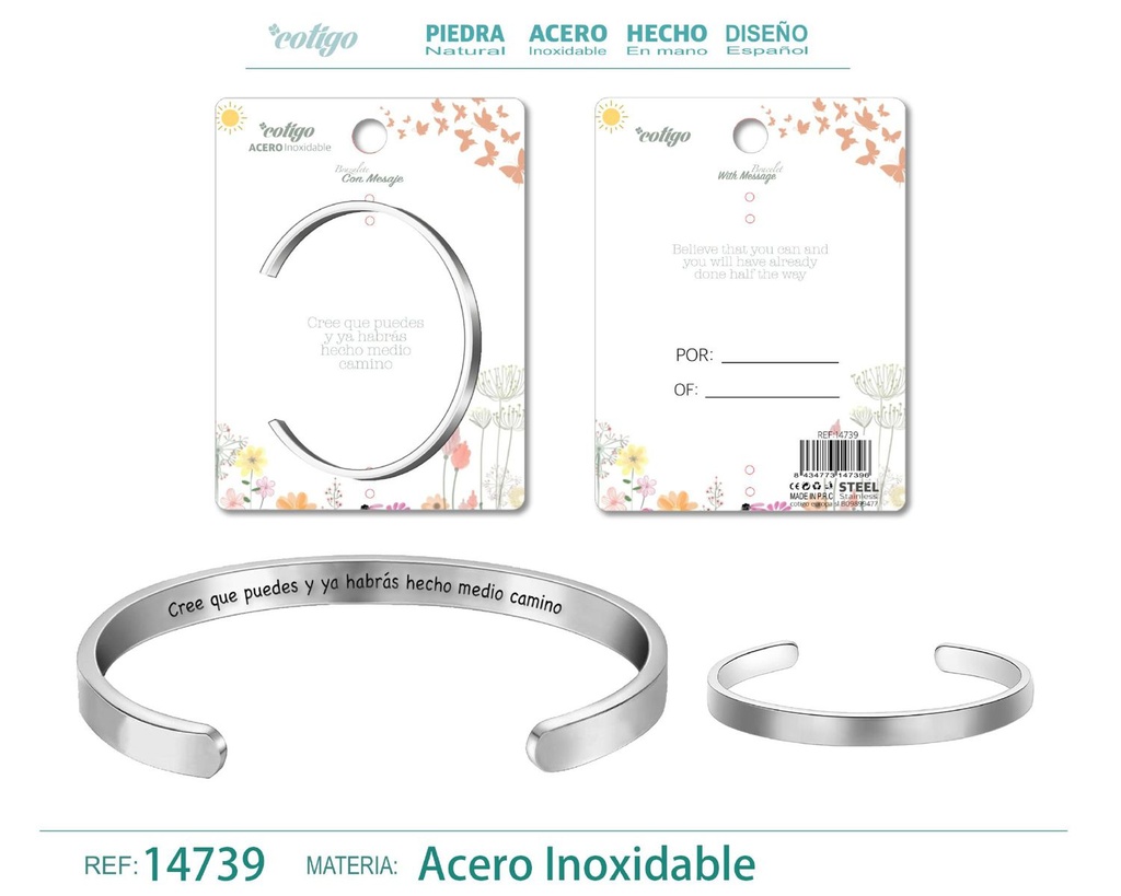 Brazalete de acero con mensaje en español - Bisutería para regalos y frases