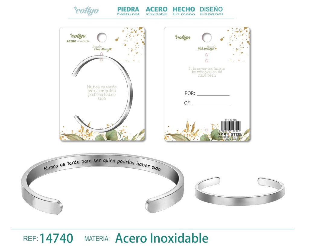 Brazalete de acero con mensaje en español - Bisutería para regalos y frases