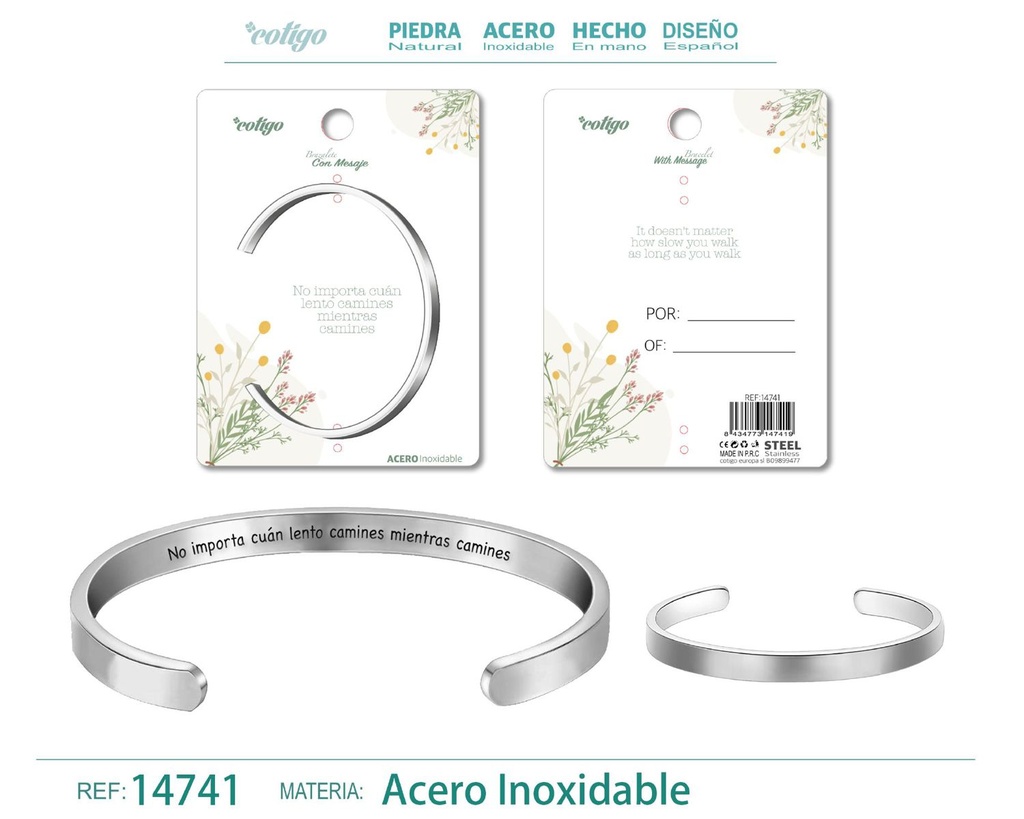 Brazalete de acero con mensaje en español - Bisutería para regalos y frases