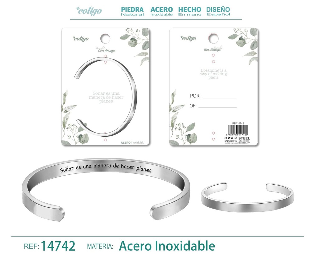 Brazalete de acero con mensaje en español - Bisutería para regalos y frases