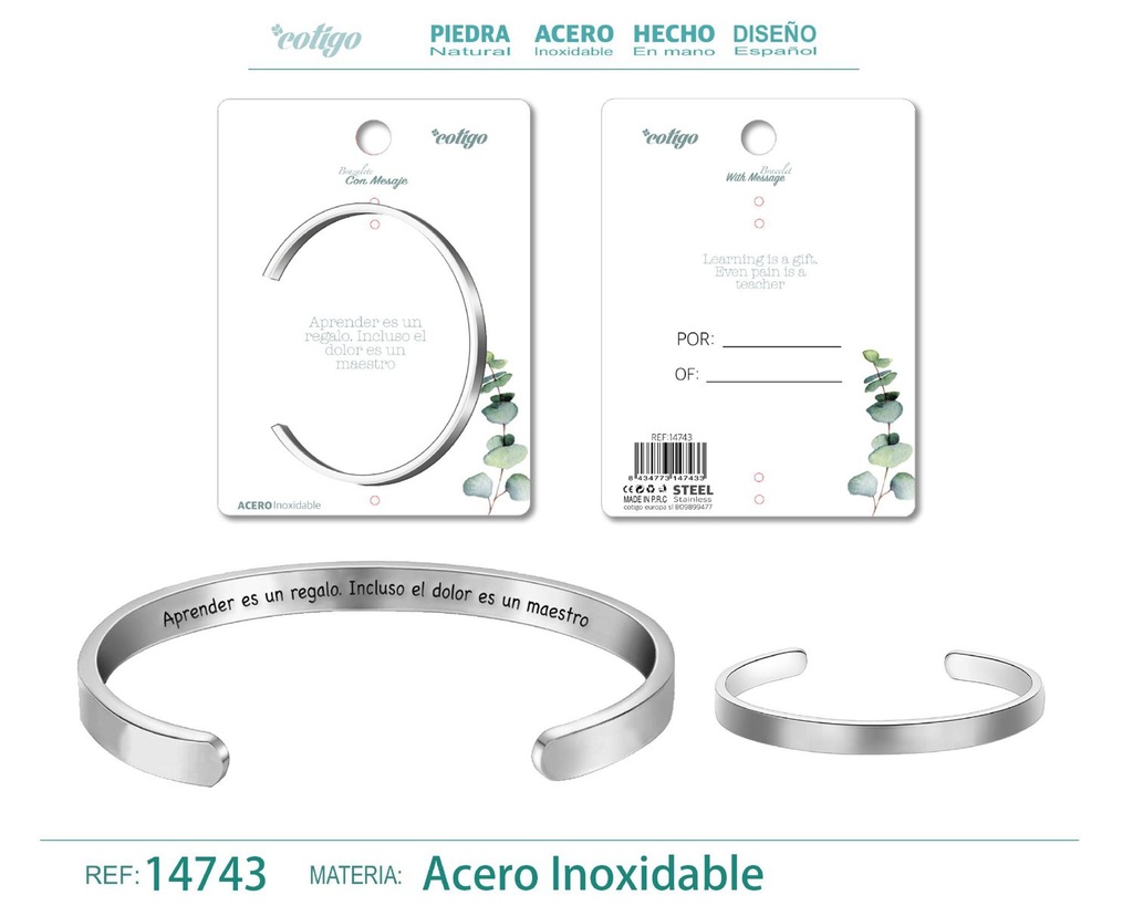 Brazalete de acero con mensaje en español - Bisutería para regalos y frases