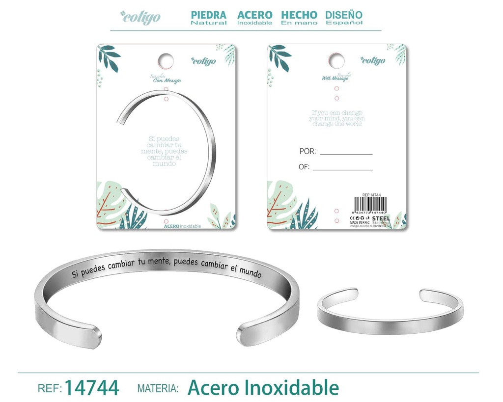 Brazalete de acero con mensaje en español - Bisutería para regalos y frases