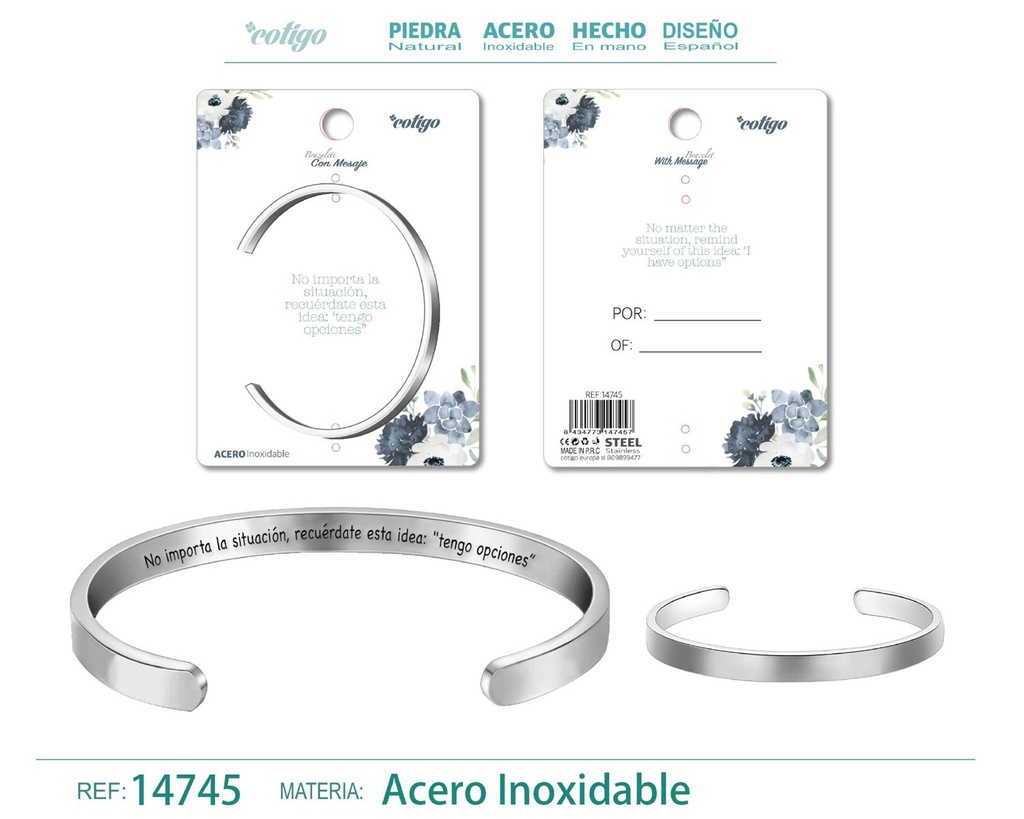 Brazalete de acero con mensaje en español - Bisutería para regalos y frases