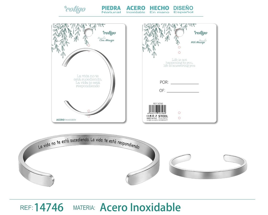 Brazalete de acero con mensaje en español - Bisutería para regalos y frases