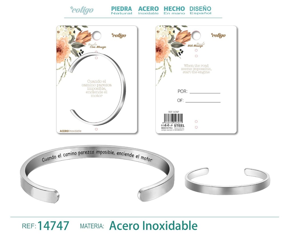 Brazalete de acero con mensaje en español - Bisutería para regalos y frases