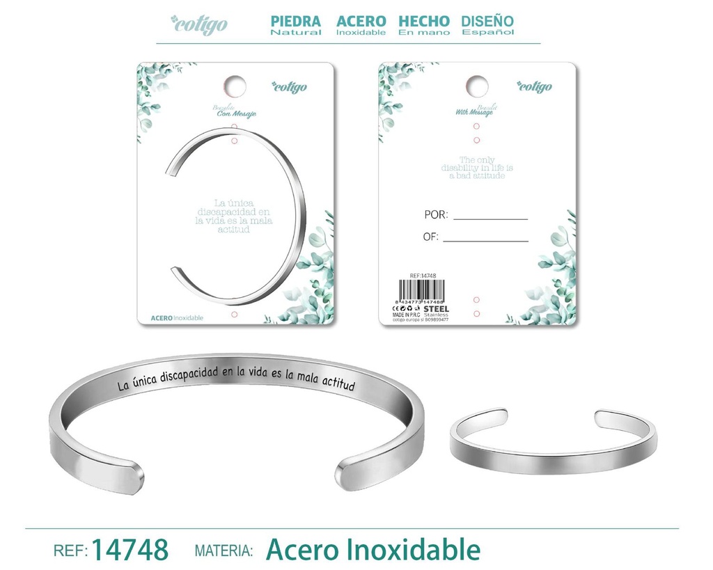 Brazalete de acero con mensaje en español - Bisutería para regalos y frases