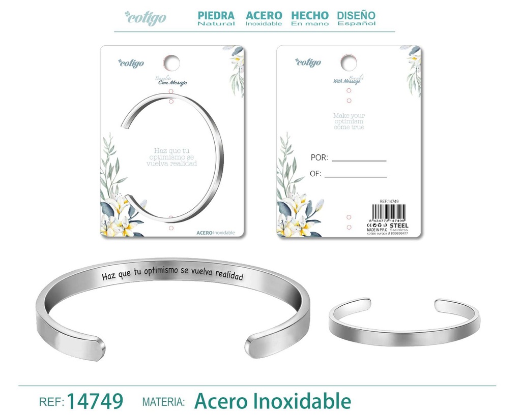 Brazalete de acero con mensaje en español - Bisutería para regalos y frases